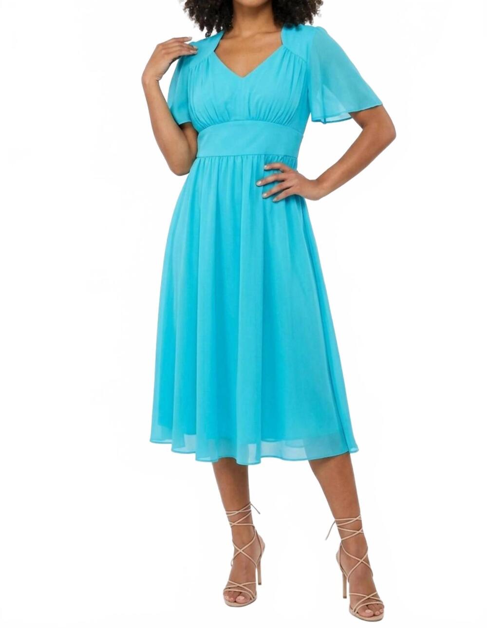 NEW GABBY SKYE chiffon flutter-sleeve midi party dress in turquoise